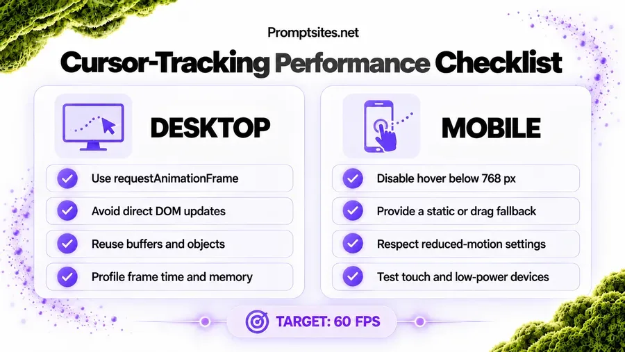 Cursor-tracking performance checklist. Desktop: use requestAnimationFrame, avoid direct DOM updates, reuse buffers and objects, profile frame time and memory. Mobile: disable hover below 768px, provide a static or drag fallback, respect reduced-motion settings, test touch and low-power devices. Target 60 FPS