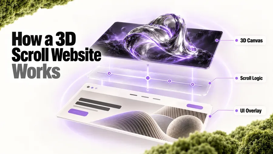 A 3D scroll website in three layers: a 3D canvas on top, scroll logic in the middle driving the animation, and the HTML UI overlay underneath